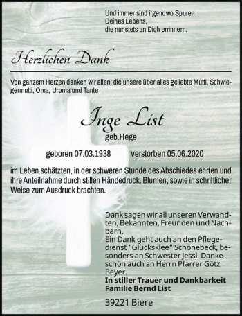 Traueranzeige von Inge List (geb. Hege)  von Magdeburger Volksstimme