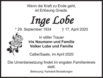 Traueranzeige von Inge Lobe  von Magdeburger Volksstimme