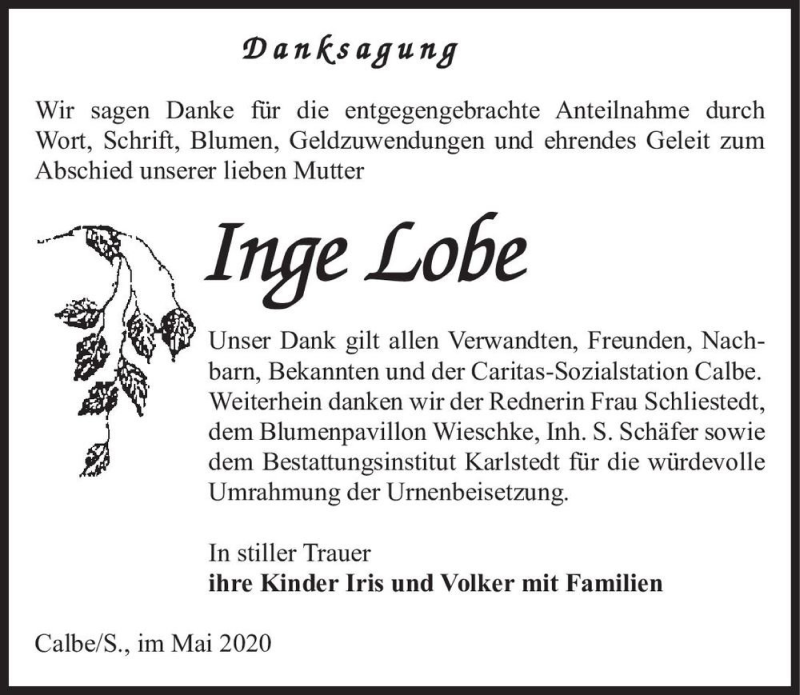  Traueranzeige für Inge Lobe  vom 16.05.2020 aus Magdeburger Volksstimme