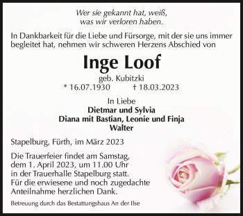 Traueranzeige von Inge Loof (geb. Kubitzki)  von Magdeburger Volksstimme
