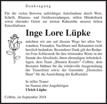 Traueranzeige von Inge Lore Lüpke  von Magdeburger Volksstimme