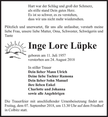 Traueranzeige von Inge Lore Lüpke  von Magdeburger Volksstimme