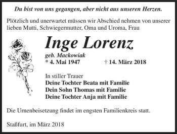 Traueranzeige von Inge Lorenz (geb. Mackowiak)  von Magdeburger Volksstimme