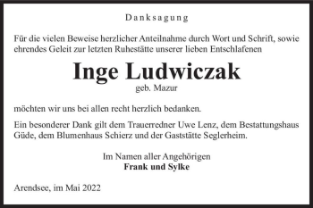 Traueranzeige von Inge Ludwiczak (geb. Mazur)  von Magdeburger Volksstimme