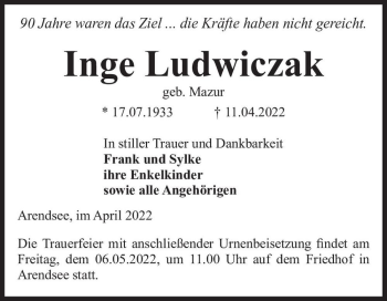Traueranzeige von Inge Ludwiczak (geb. Mazur)  von Magdeburger Volksstimme