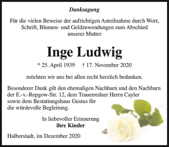 Traueranzeige von Inge Ludwig  von Magdeburger Volksstimme