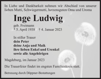 Traueranzeige von Inge Ludwig (geb. Freimann)  von Magdeburger Volksstimme