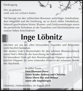 Traueranzeige von Inge Löbnitz  von Magdeburger Volksstimme