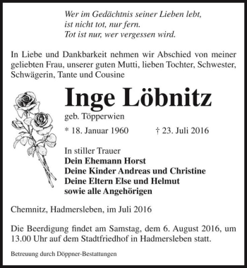 Traueranzeige von Inge Löbnitz (geb. Töpperwien)  von Magdeburger Volksstimme