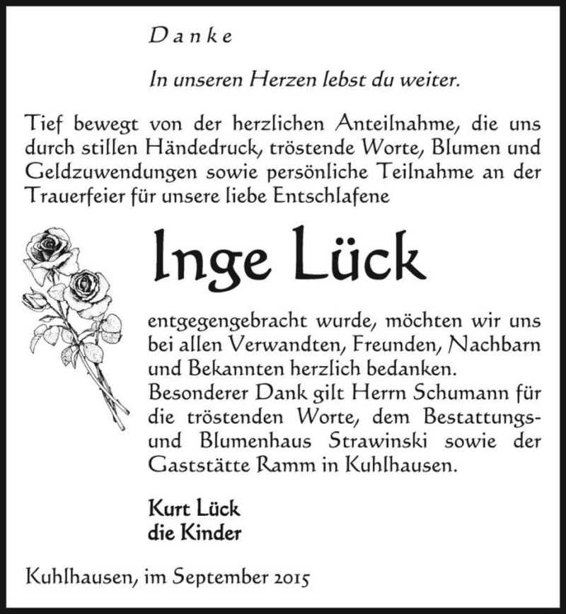  Traueranzeige für Inge Lück  vom 10.10.2015 aus Magdeburger Volksstimme