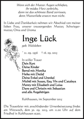 Traueranzeige von Inge Lück (geb. Walsleben)  von Magdeburger Volksstimme