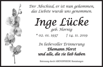 Traueranzeige von Inge Lücke (geb. Hornig)  von Magdeburger Volksstimme