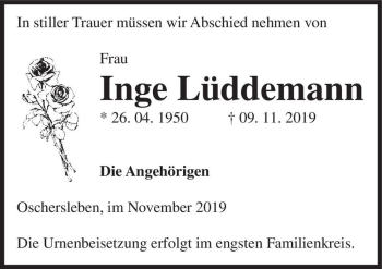 Traueranzeige von Inge Lüddemann  von Magdeburger Volksstimme