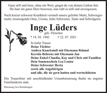Traueranzeige von Inge Lüders (geb. Fleischer)  von Magdeburger Volksstimme