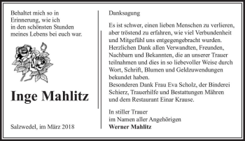 Traueranzeige von Inge Mahlitz  von Magdeburger Volksstimme
