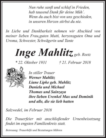 Traueranzeige von Inge Mahlitz (geb. Reetz)  von Magdeburger Volksstimme