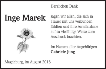 Traueranzeige von Inge Marek  von Magdeburger Volksstimme