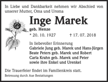 Traueranzeige von Inge Marek (geb. Henze)  von Magdeburger Volksstimme
