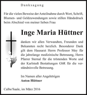 Traueranzeige von Inge Maria Hüttner  von Magdeburger Volksstimme