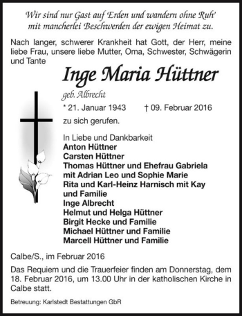 Traueranzeige von Inge Maria Hüttner (geb. Albrecht)  von Magdeburger Volksstimme