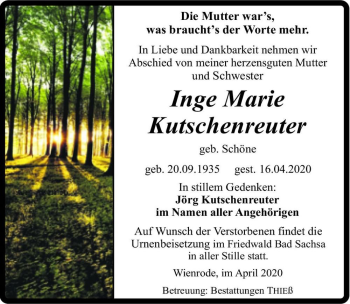 Traueranzeige von Inge Marie Kutschenreuter (geb. Schöne)  von Magdeburger Volksstimme