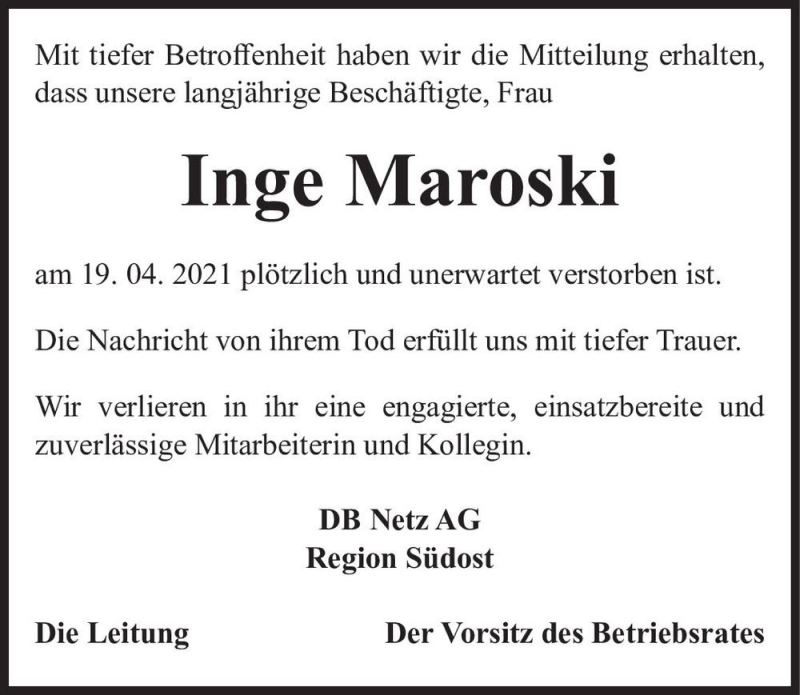  Traueranzeige für Inge Maroski  vom 05.05.2021 aus Magdeburger Volksstimme