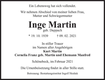 Traueranzeige von Inge Martin (geb. Duppach)  von Magdeburger Volksstimme