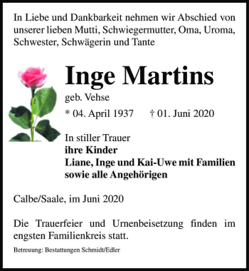 Traueranzeige von Inge Martins (geb. Vehse)  von Magdeburger Volksstimme