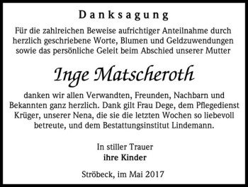Traueranzeige von Inge Matscheroth  von Magdeburger Volksstimme
