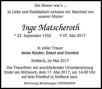 Traueranzeige von Inge Matscheroth  von Magdeburger Volksstimme