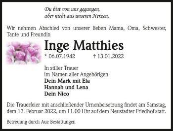 Traueranzeige von Inge Matthies  von Magdeburger Volksstimme