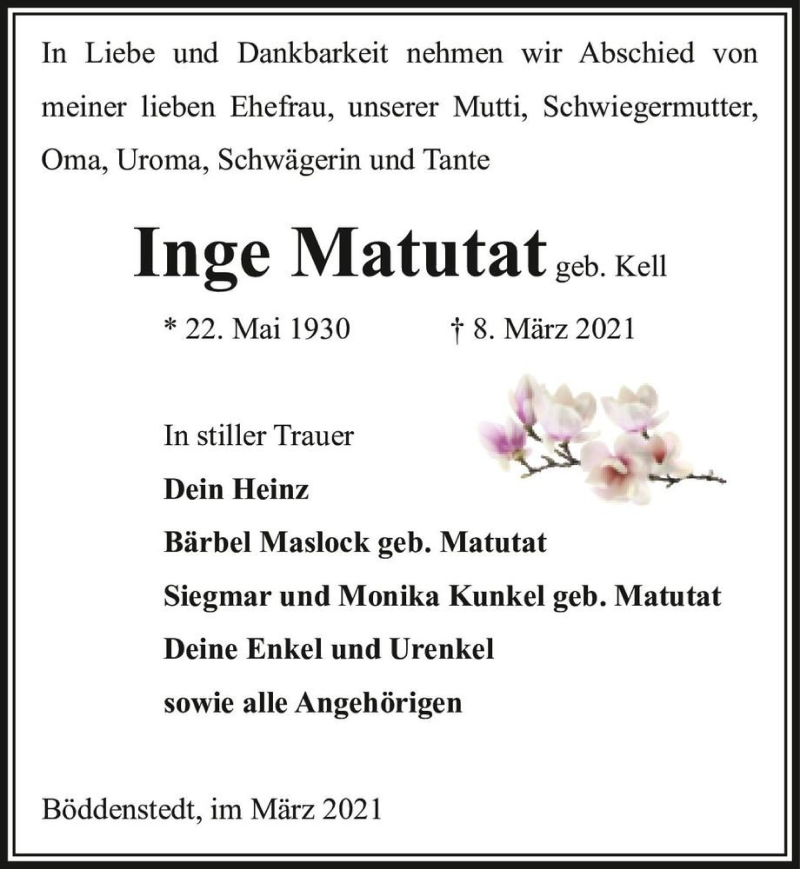  Traueranzeige für Inge Matutat (geb. Kell)  vom 11.03.2021 aus Magdeburger Volksstimme