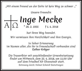 Traueranzeige von Inge Mecke  von Magdeburger Volksstimme