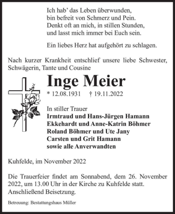 Traueranzeige von Inge Meier  von Magdeburger Volksstimme