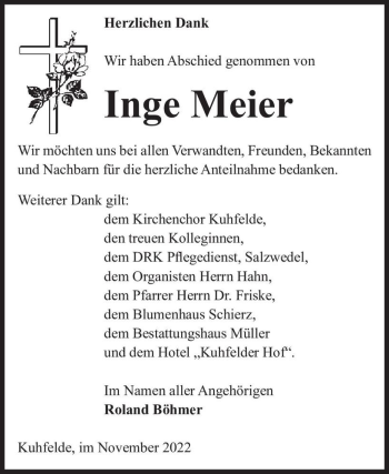 Traueranzeige von Inge Meier  von Magdeburger Volksstimme