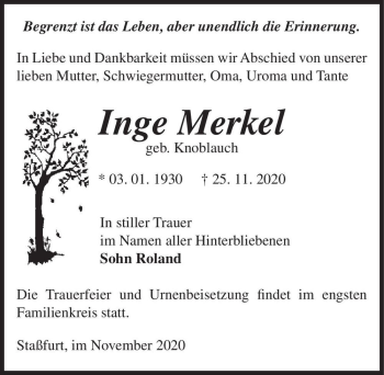 Traueranzeige von Inge Merkel (geb. Knoblauch)  von Magdeburger Volksstimme
