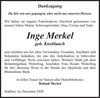 Traueranzeige von Inge Merkel (geb. Knoblauch)  von Magdeburger Volksstimme