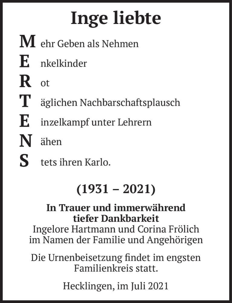  Traueranzeige für Inge Mertens  vom 31.07.2021 aus Magdeburger Volksstimme