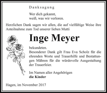 Traueranzeige von Inge Meyer  von Magdeburger Volksstimme
