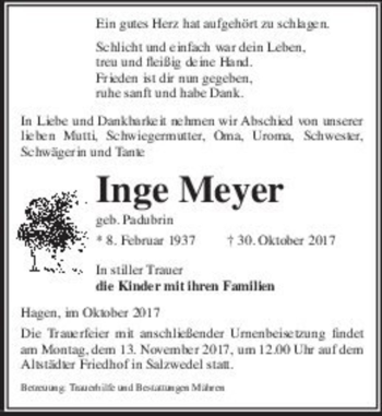 Traueranzeige von Inge Meyer (geb. Padubrin)  von Magdeburger Volksstimme