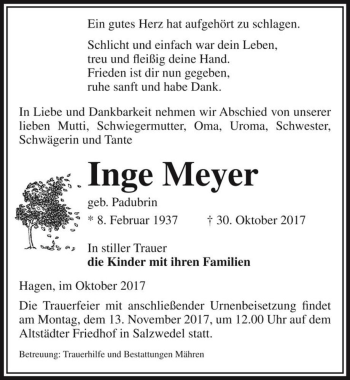 Traueranzeige von Inge Meyer (geb. Padubrin)  von Magdeburger Volksstimme