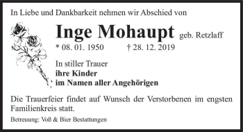 Traueranzeige von Inge Mohaupt (geb. Retzlaff)  von Magdeburger Volksstimme