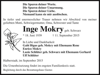 Traueranzeige von Inge Mokry (geb. Schwarz)  von Magdeburger Volksstimme