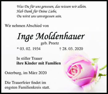 Traueranzeige von Inge Moldenhauer (geb. Preetz)  von Magdeburger Volksstimme