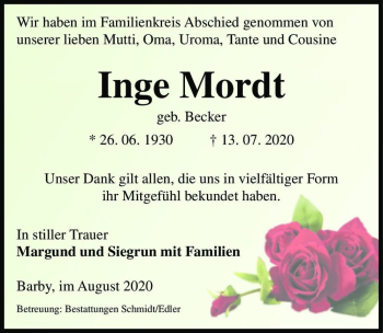 Traueranzeige von Inge Mordt (geb. Becker)  von Magdeburger Volksstimme