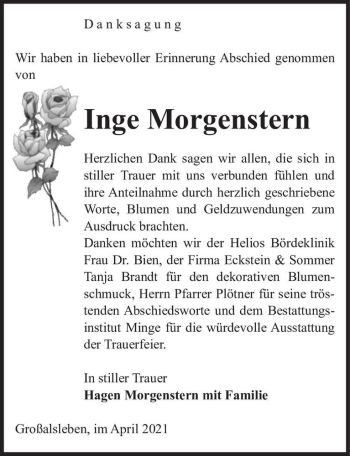Traueranzeige von Inge Morgenstern  von Magdeburger Volksstimme