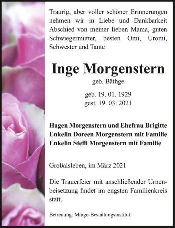 Traueranzeige von Inge Morgenstern (geb. Bäthge)  von Magdeburger Volksstimme