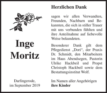 Traueranzeige von Inge Moritz  von Magdeburger Volksstimme