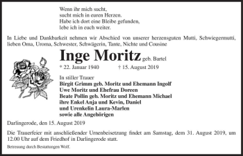 Traueranzeige von Inge Moritz (geb. Bartel)  von Magdeburger Volksstimme