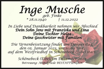 Traueranzeige von Inge Musche  von Magdeburger Volksstimme